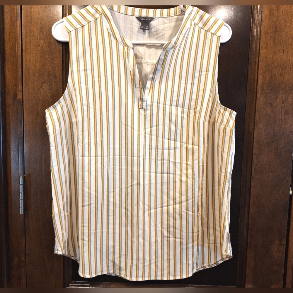 Eddie Bauer V-neck sleeveless scream, tan and blue striped blouse women's medium
